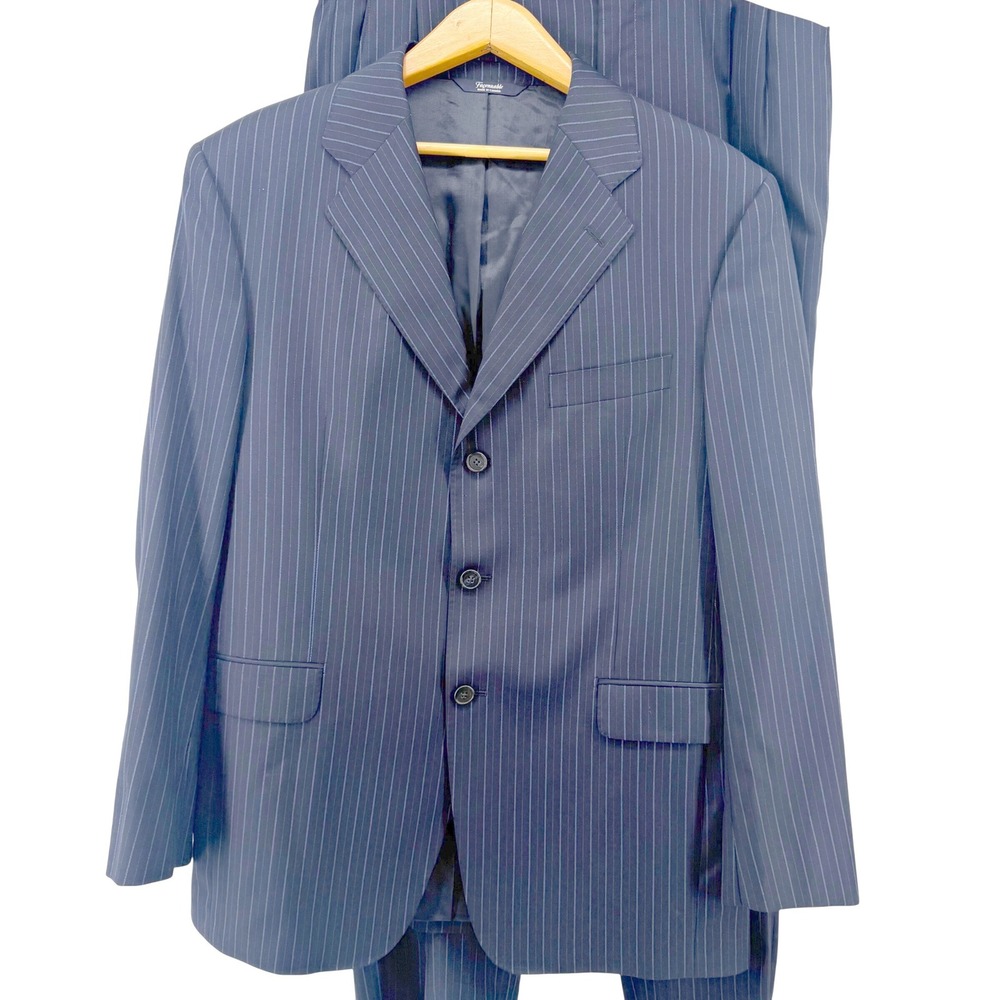 Faconnable Pinstripe Suit Jacket Mens 42R Pants 32" Navy Blue 100% Wool Blazer